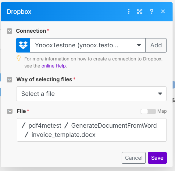 Dropbox Dosya İndirme modülü, YnooxTestone bağlantısını gösteriyor, Dosya seçme yöntemi "Dosya seç" olarak ayarlanmış ve Dosya yolu pdf4metest / GenerateDocumentFromWord / invoice_template.docx olarak ayarlanmış.